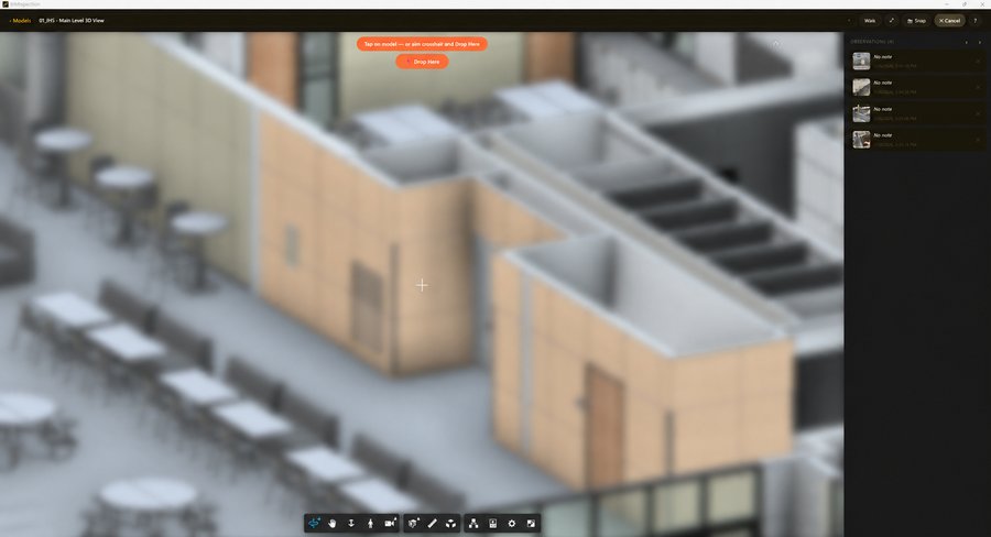 The BIMspection app in placement mode: a crosshair over the 3D model and a prompt to drop the observation.